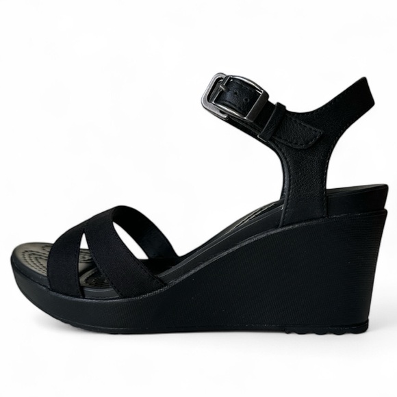 Crocs Leigh II Ankle CrossStrap Wedge Platform Sandal Cushion EUC Black Women’s8 - Picture 1 of 15